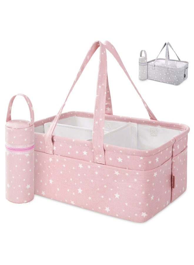 Starhug  Baby Diaper Caddy Organizer - Baby Shower Basket Large Nursery Storage Bin For Changing Table Car Travel Tote Bag Newborn Registry Must Have Bonus Bottle Cooler Pink