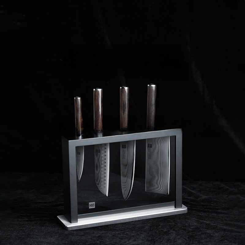 Fire Damascus knife set with knife holder Damascus Steel