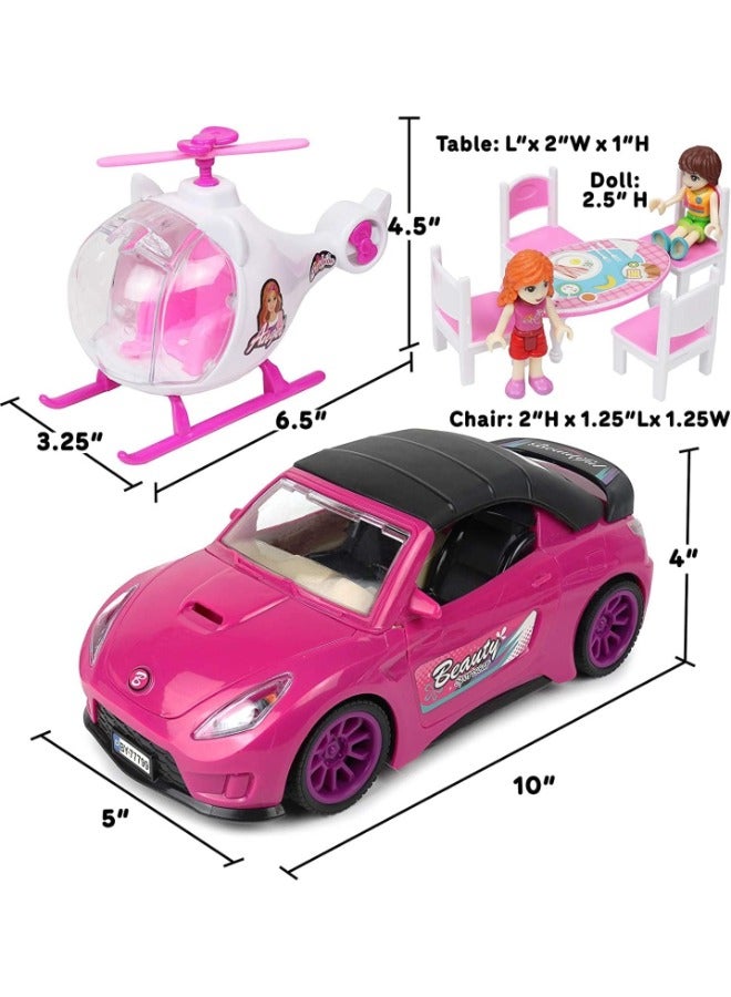 Ultimate Doll Adventure Set – Fashion Sport Car & Helicopter Camper Playset with Lights, Sounds, 2 Figurines, Dining Table & Accessories | Perfect Gift for Girls