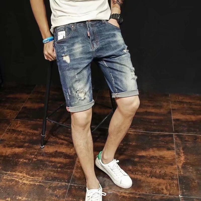 Mens Fashion Ripped Denim Shorts Loose FitVintage Blue Vintage Blue