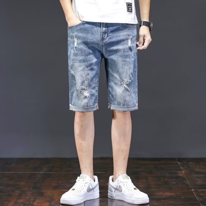 2023 Summer Thin Ripped Denim Shorts Mens Trendy Brand Loose Straight Stretch Pants Mens Breeches PantsBlue Blue