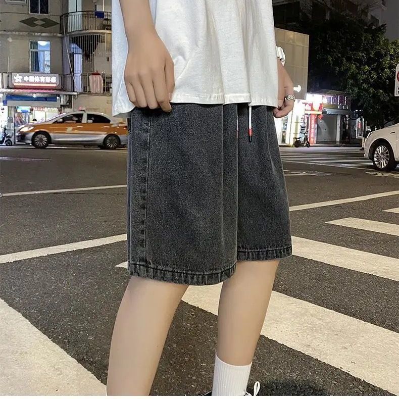 Summer Mens Denim Shorts Elastic Waist ThinGrey Grey