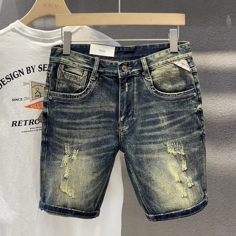 ins Fashion Personality Back Pocket Printed Slim-fit Denim Shorts Boys 2023 Summer Casual Stretch Five PointsVintage Blue Vintage Blue