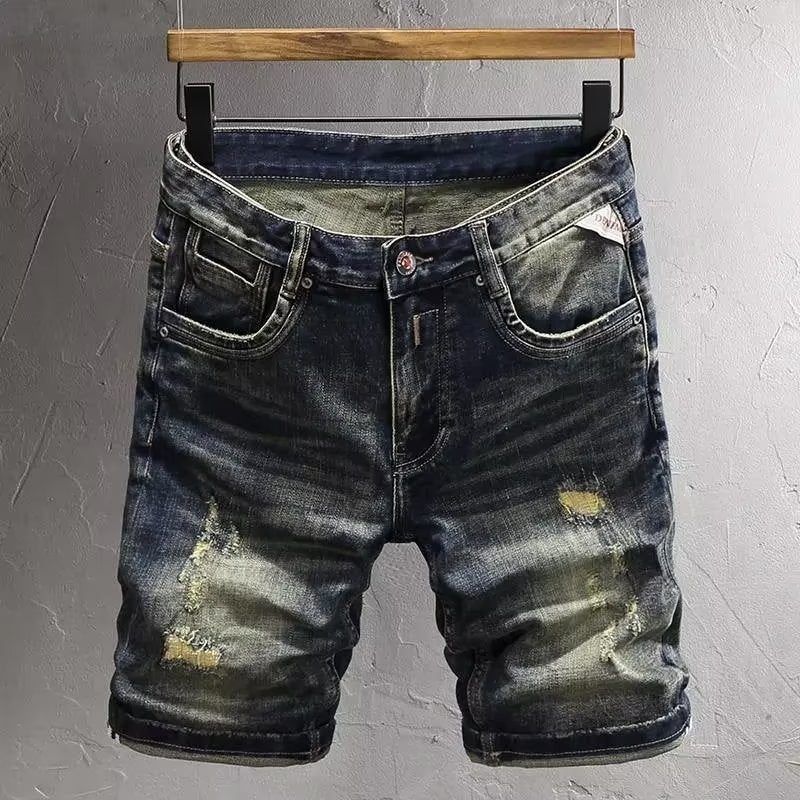 Summer new retro denim shorts mens all-match trendy distressed cropped pants scraping casual mid-length pants fashion brandBlue Blue