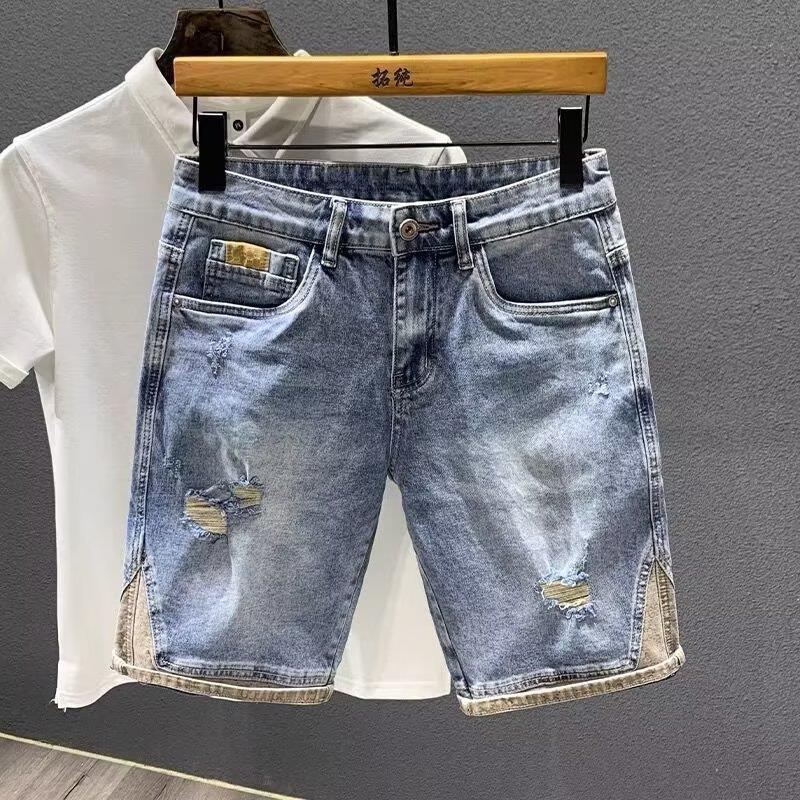 Retro Nostalgic Japanese Ripped Denim Shorts Mens Summer Trendy Straight Casual Trendy Brand Half-length Pants Mid-length PantsBlue Blue