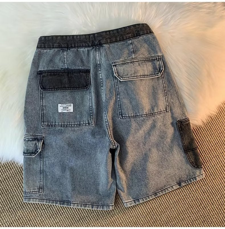 Japanese Style Retro Washed Loose Denim Shorts Mens and Womens Summer Fashion Brand Street Style Casual Functional Multi-Pocket OverallsBlue Blue