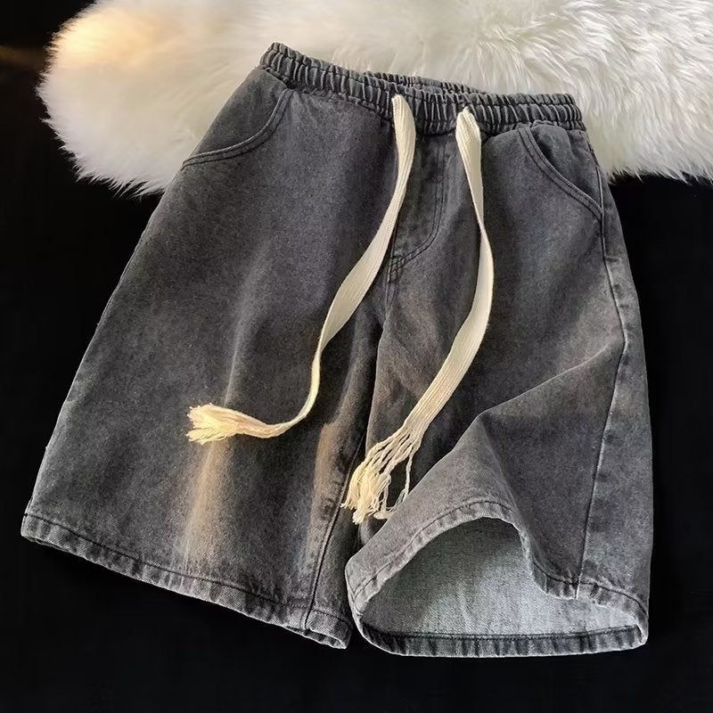 Summer Thin Drawstring Denim Shorts Men Retro Casual LooseGray Gray