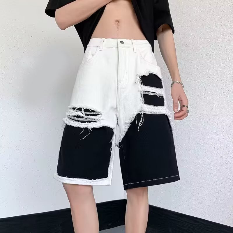 Color-Block Ripped Slim Jeans Mens StreetwearWhite White