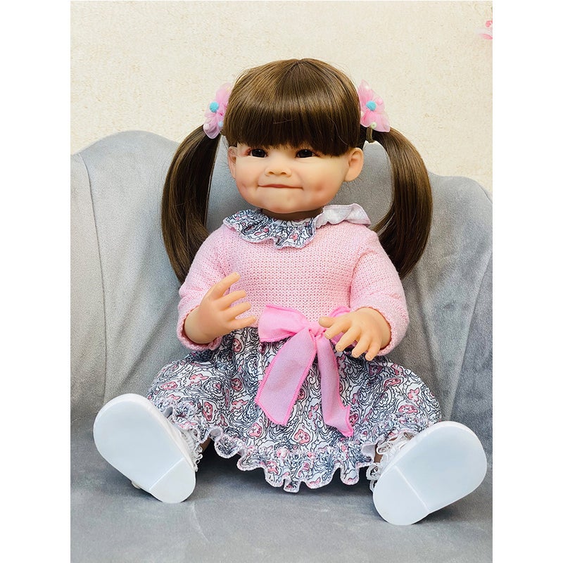 New 55cm Reborn Baby Doll Simulation Toys Smash Flower Dress Brown Hair Smile