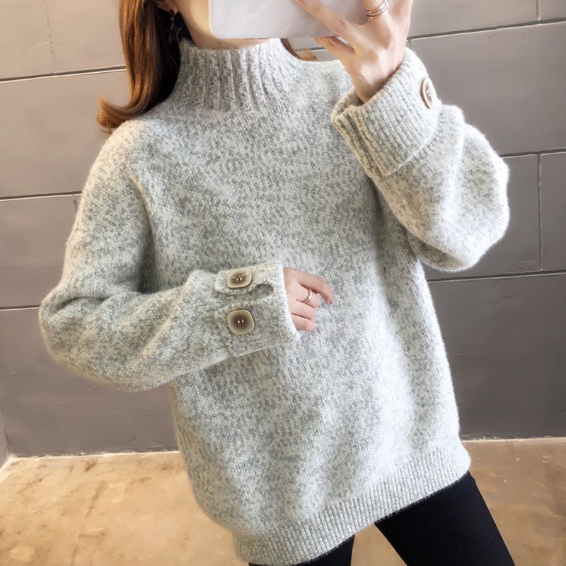 2023 Womens Thickened Chenille Sweater Turtleneck Knit Top Beige gray