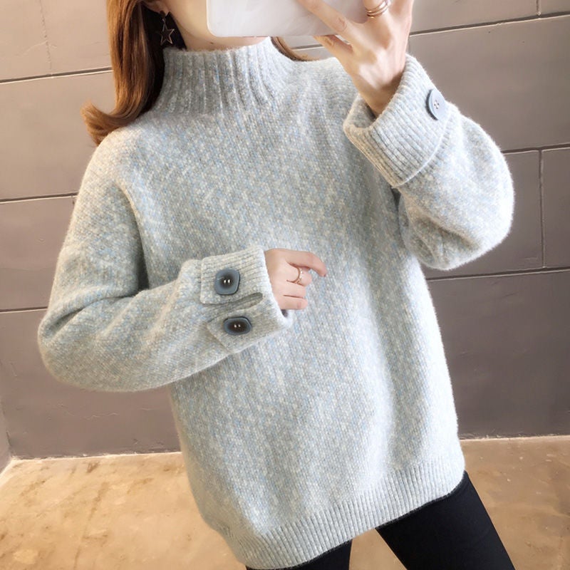 2023 Womens Thickened Chenille Sweater Turtleneck Knit Top Light blue