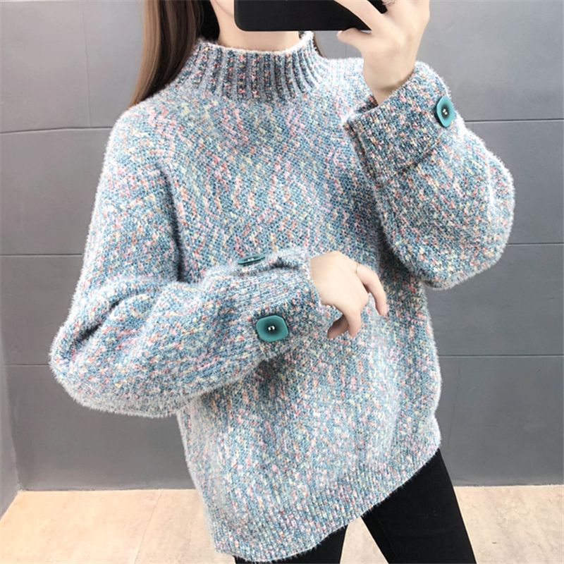 2023 Womens Thickened Chenille Sweater Turtleneck Knit Top Flower purple