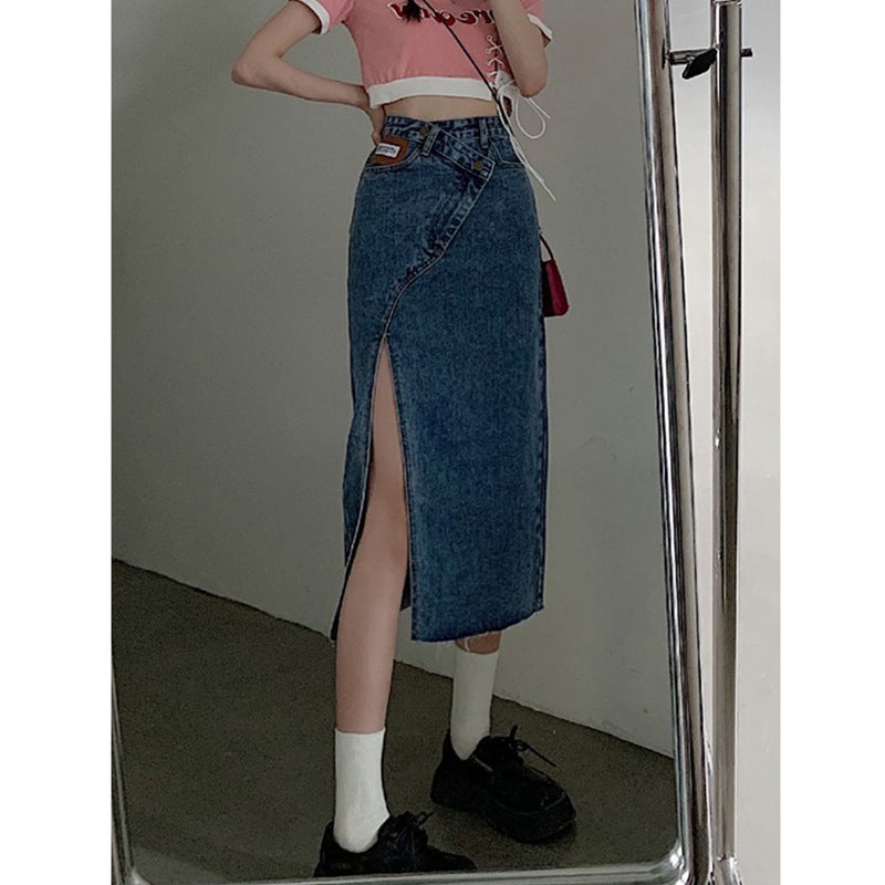 Plus size womens American-style split high waist Denim skirt design fat MMa word age-reducing slimming midi skirt for womenBlue Blue