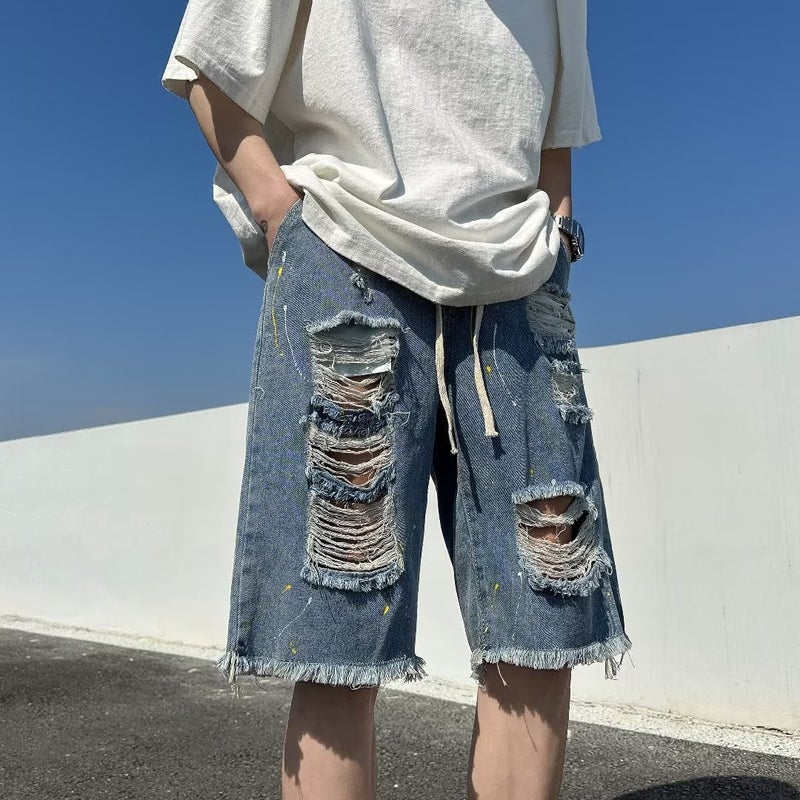 Ripped Denim shorts mens summer thin American fashion brand fried street design frayed edge half pants washed looseLight blue Light blue