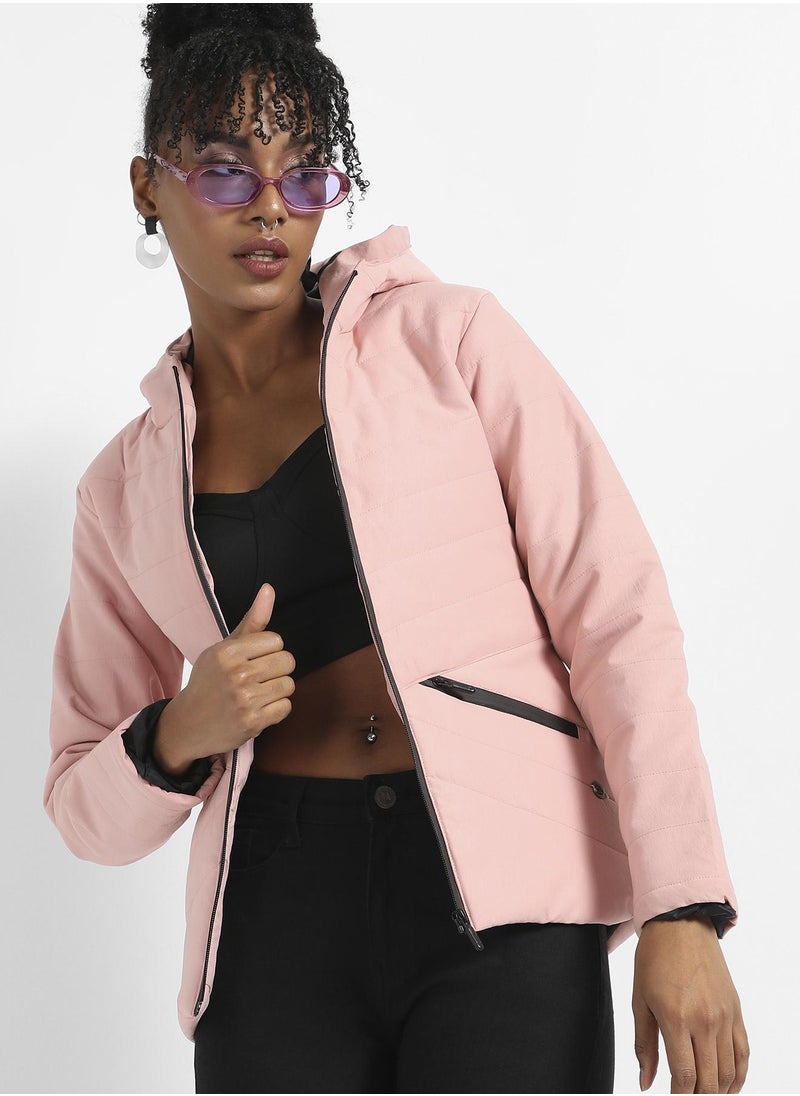 Women's Light Pink Quilted Puffer Jacket With Zipper Insert Pockets