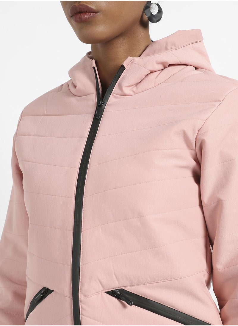 Women's Light Pink Quilted Puffer Jacket With Zipper Insert Pockets