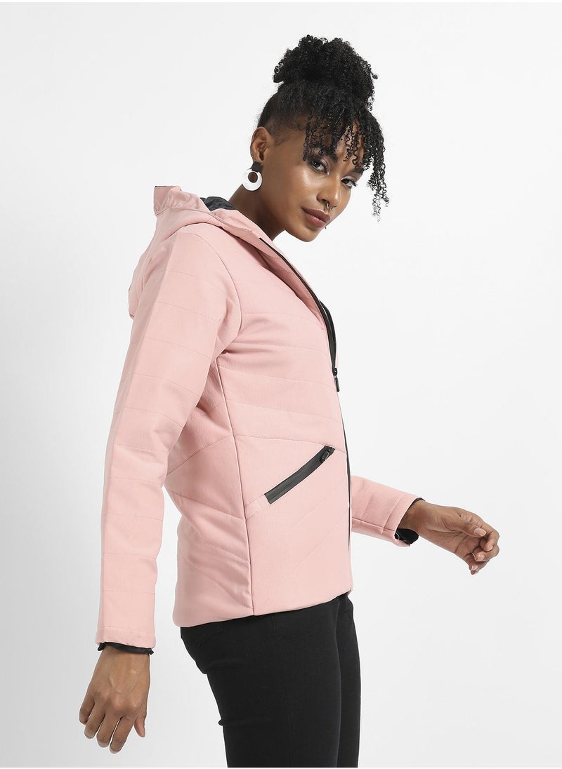 Women's Light Pink Quilted Puffer Jacket With Zipper Insert Pockets