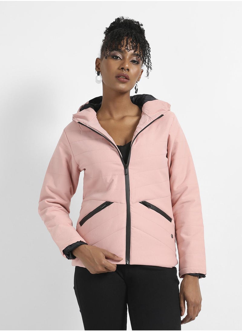 Women's Light Pink Quilted Puffer Jacket With Zipper Insert Pockets