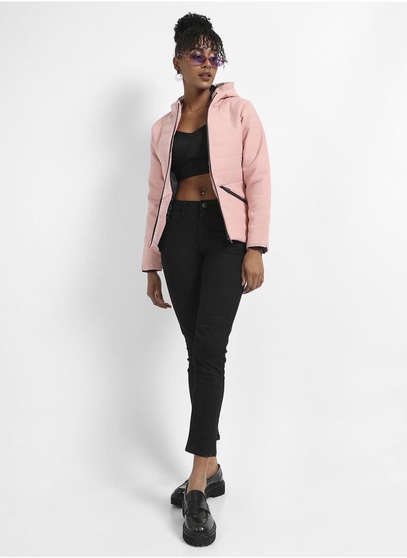 Women's Light Pink Quilted Puffer Jacket With Zipper Insert Pockets