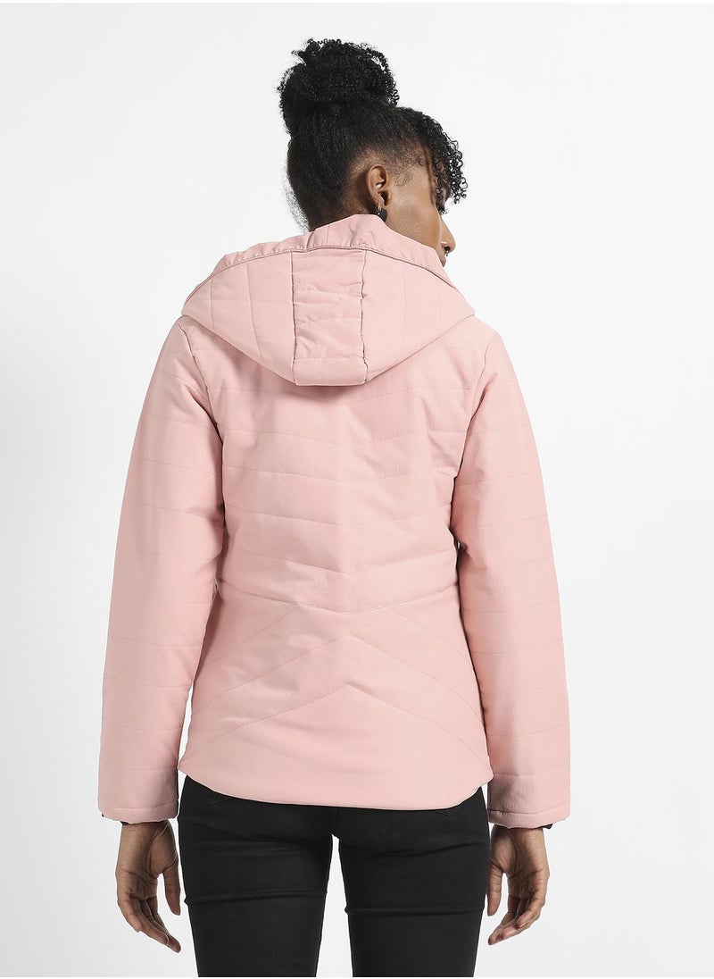 Women's Light Pink Quilted Puffer Jacket With Zipper Insert Pockets