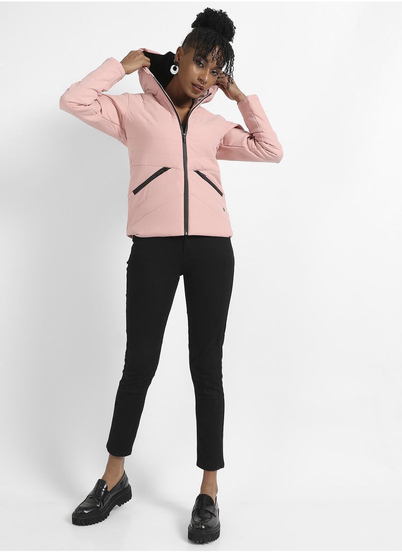 Women's Light Pink Quilted Puffer Jacket With Zipper Insert Pockets