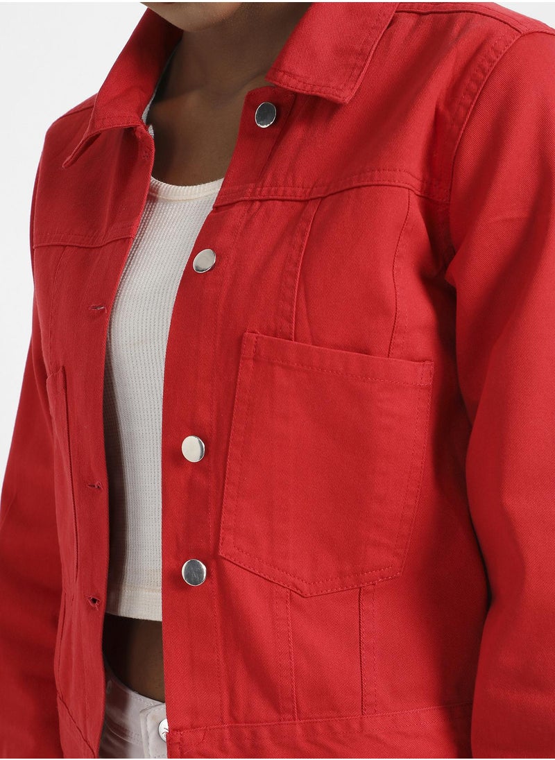 Women's Red Patch Pocket Denim Jacket With Detachable Hood