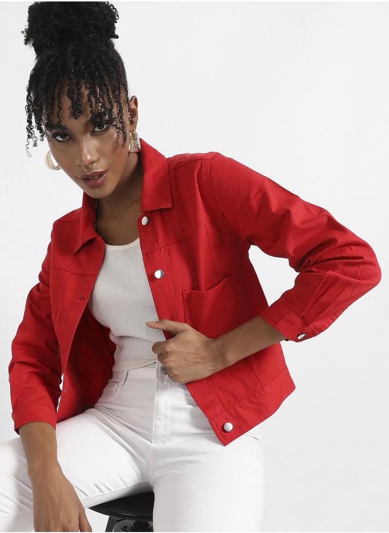 Women's Red Patch Pocket Denim Jacket With Detachable Hood