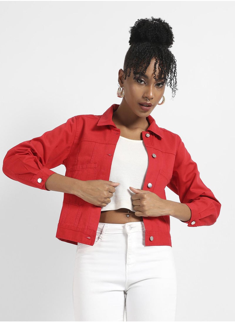 Women's Red Patch Pocket Denim Jacket With Detachable Hood