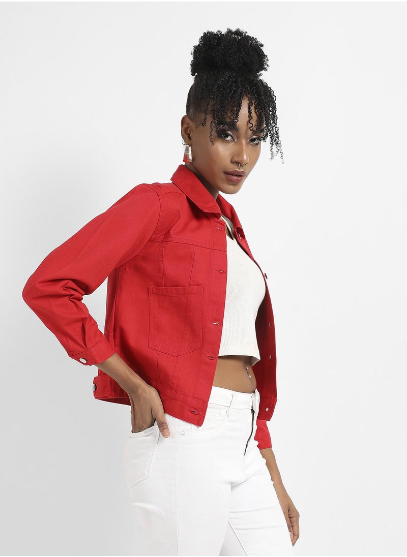 Women's Red Patch Pocket Denim Jacket With Detachable Hood