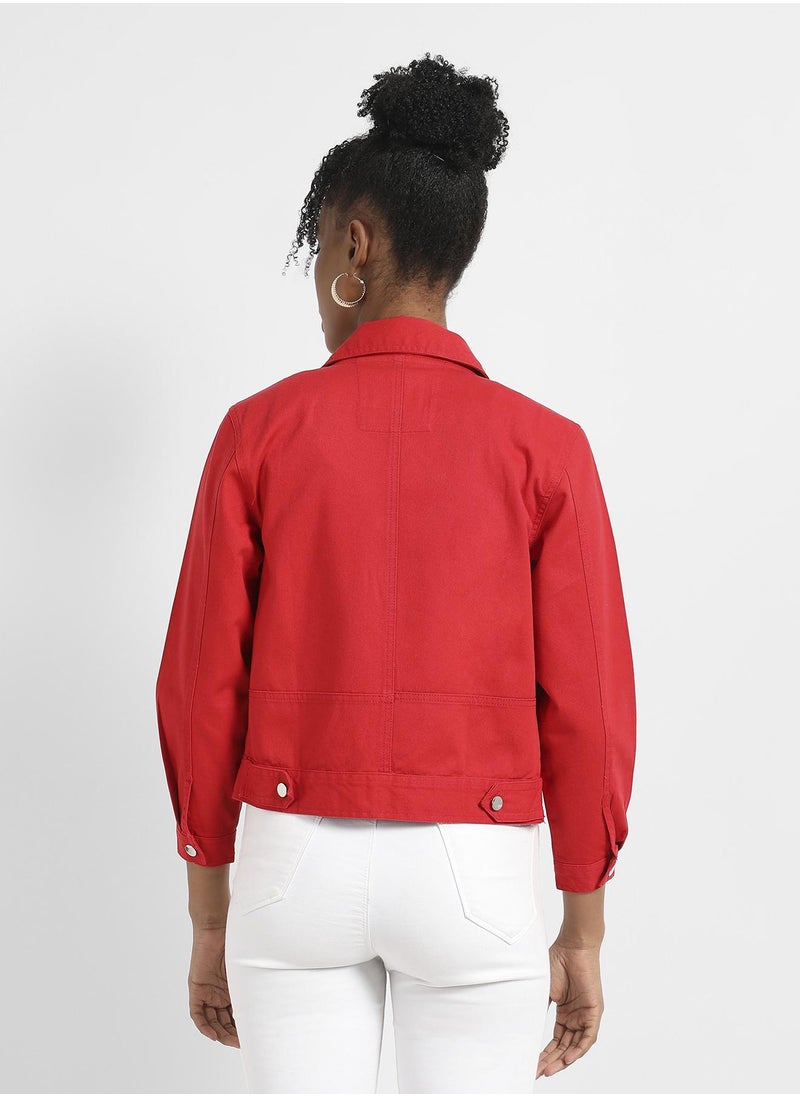 Women's Red Patch Pocket Denim Jacket With Detachable Hood