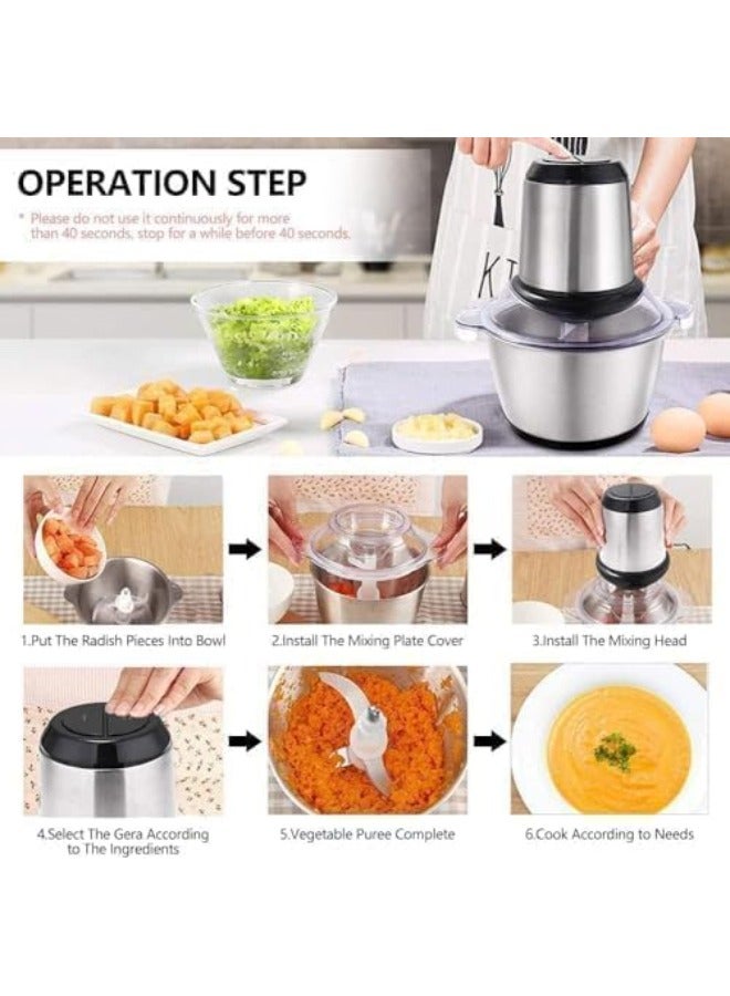 3L Electric Meat Chopper Grinder Blender Mixer, 300W Multi Chopper for Meat, Fruits, Vegetables, and More - Stainless Steel Bowl