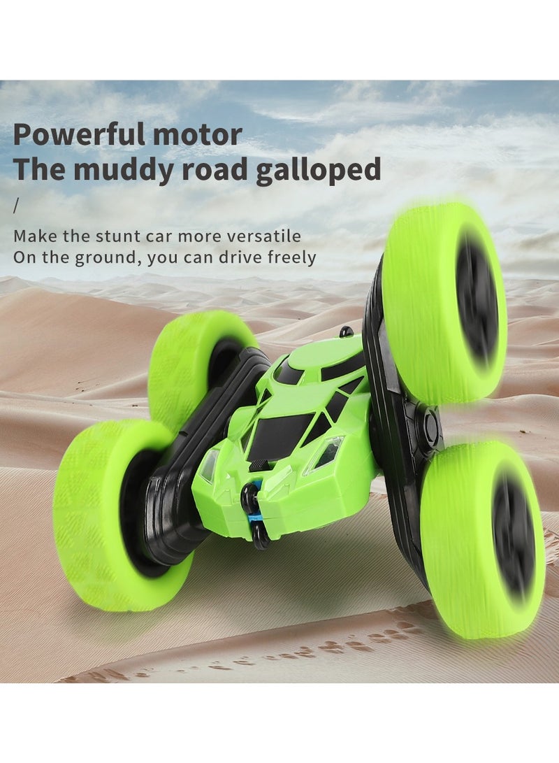 360° Rotating Remote Control Car for Kids - Double Sided 4WD RC Stunt Car with Headlights, 2.4GHz Off-Road Electric Race Toy, Rechargeable Stunt Drifting Car (Green) for Ages 3+