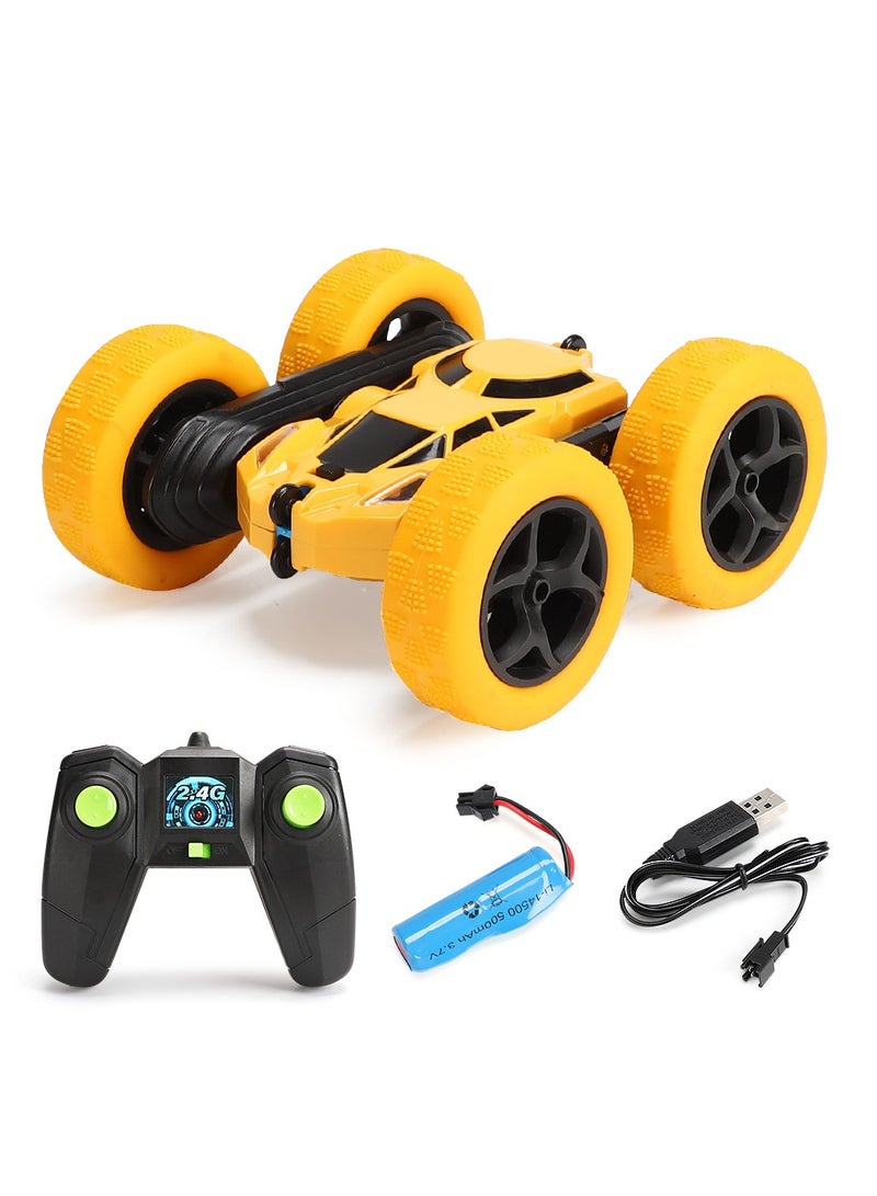 360° Rotating Remote Control Car for Kids - Double Sided 4WD RC Stunt Car with Headlights, 2.4GHz Off-Road Electric Race Toy, Rechargeable Stunt Drifting Car (Yellow) for Ages 3+