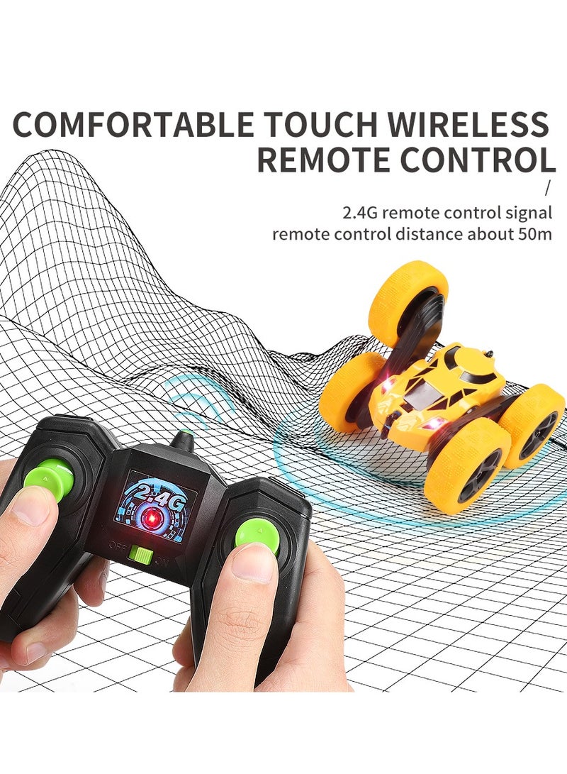 360° Rotating Remote Control Car for Kids - Double Sided 4WD RC Stunt Car with Headlights, 2.4GHz Off-Road Electric Race Toy, Rechargeable Stunt Drifting Car (Yellow) for Ages 3+