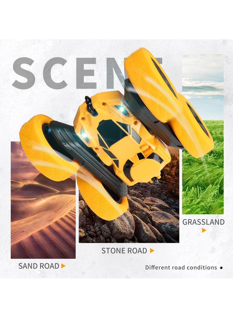 360° Rotating Remote Control Car for Kids - Double Sided 4WD RC Stunt Car with Headlights, 2.4GHz Off-Road Electric Race Toy, Rechargeable Stunt Drifting Car (Yellow) for Ages 3+