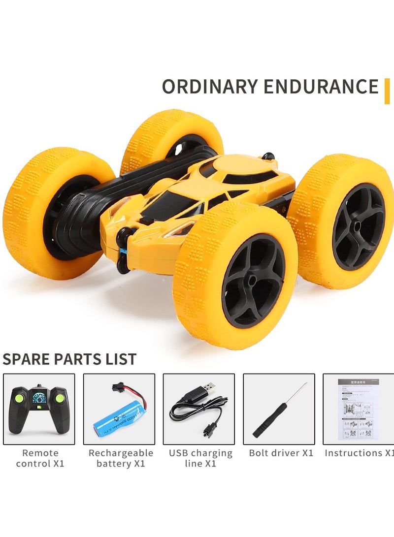 360° Rotating Remote Control Car for Kids - Double Sided 4WD RC Stunt Car with Headlights, 2.4GHz Off-Road Electric Race Toy, Rechargeable Stunt Drifting Car (Yellow) for Ages 3+
