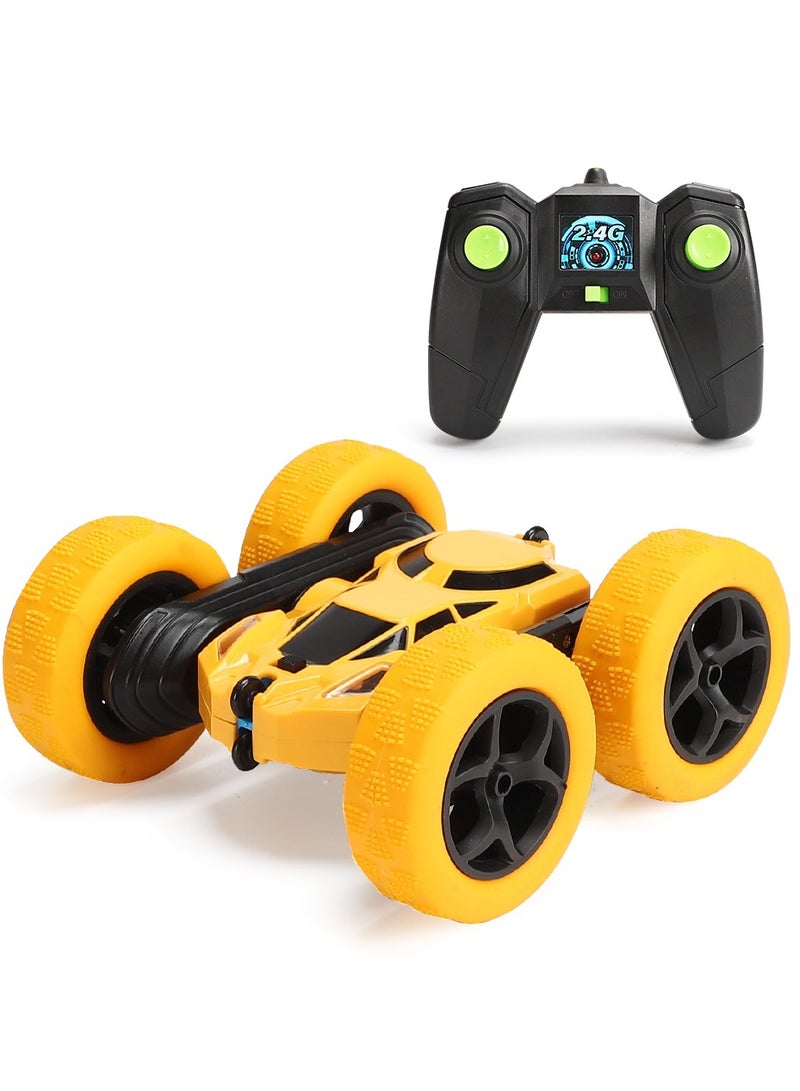 360° Rotating Remote Control Car for Kids - Double Sided 4WD RC Stunt Car with Headlights, 2.4GHz Off-Road Electric Race Toy, Rechargeable Stunt Drifting Car (Yellow) for Ages 3+