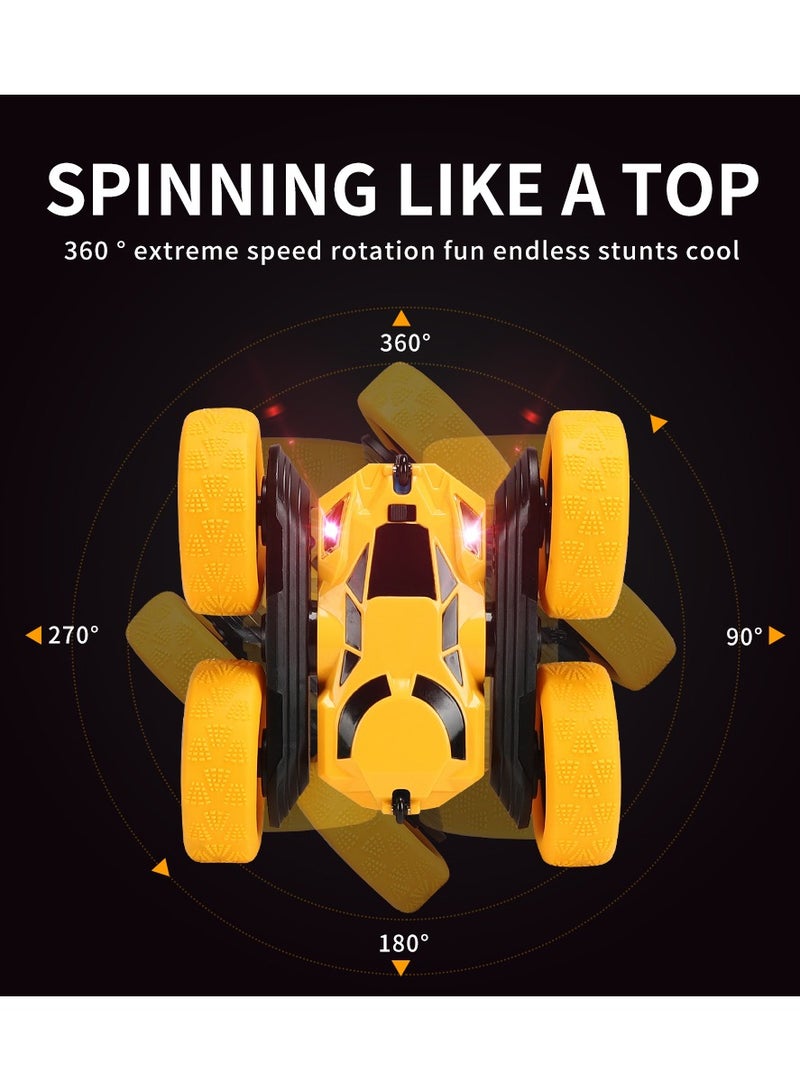 360° Rotating Remote Control Car for Kids - Double Sided 4WD RC Stunt Car with Headlights, 2.4GHz Off-Road Electric Race Toy, Rechargeable Stunt Drifting Car (Yellow) for Ages 3+