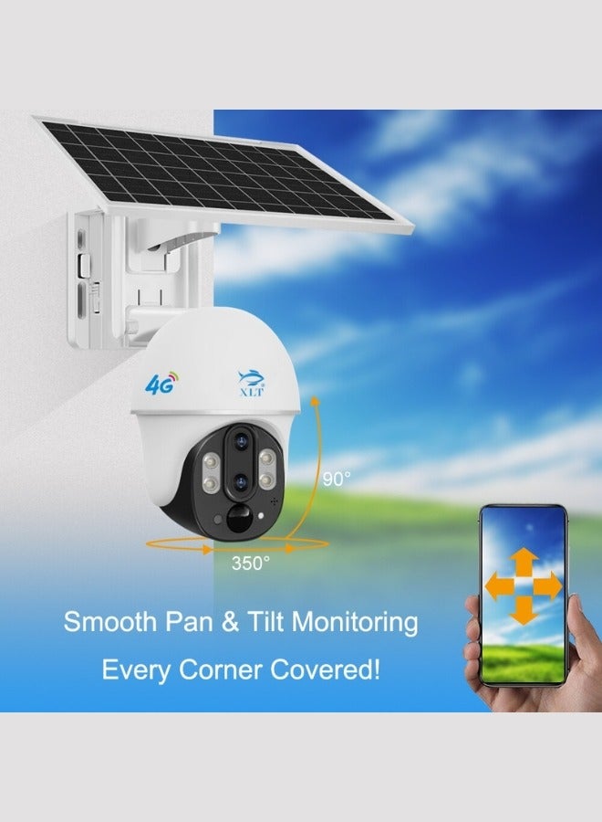 XLT  4G Sim Card Solar Camera PTZ 360°View Solar Powered Outdoor Security Camera with Night Vision, AI Human Detection, Two Way Audio, IP66 Works with Apps