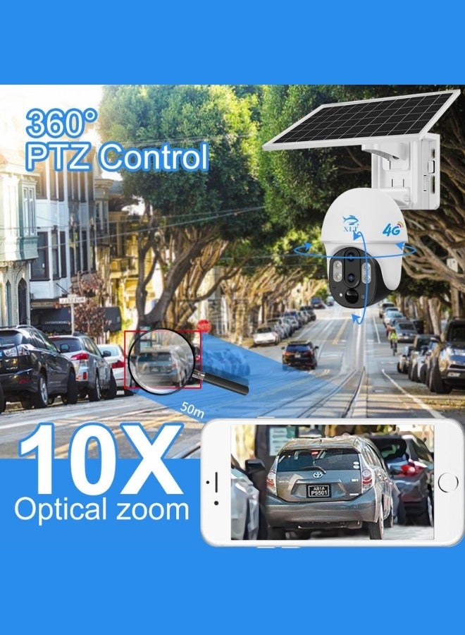 XLT  4G Sim Card Solar Camera PTZ 360°View Solar Powered Outdoor Security Camera with Night Vision, AI Human Detection, Two Way Audio, IP66 Works with Apps