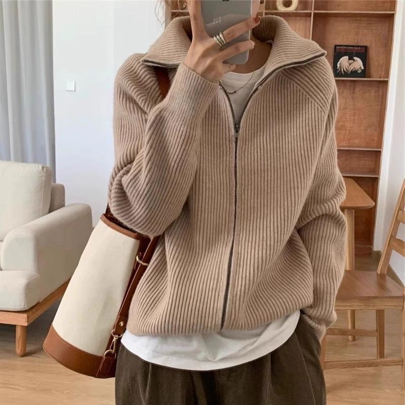 Petite Collared Zip Cardigan Sweater Jacket Oat color