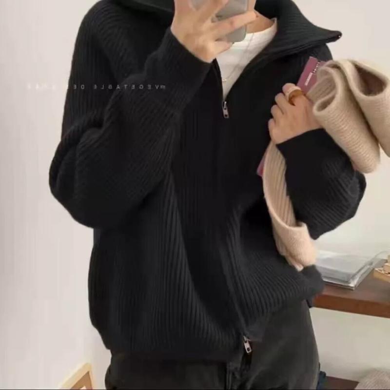 Petite Collared Zip Cardigan Sweater Jacket Black