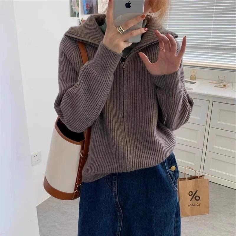 Petite Collared Zip Cardigan Sweater Jacket Gray