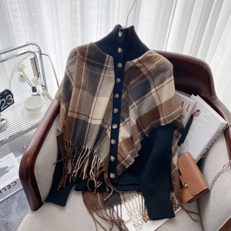 2023 Autumn Winter Chic Plaid Tassel Poncho Knit Sweater Women Navy blue