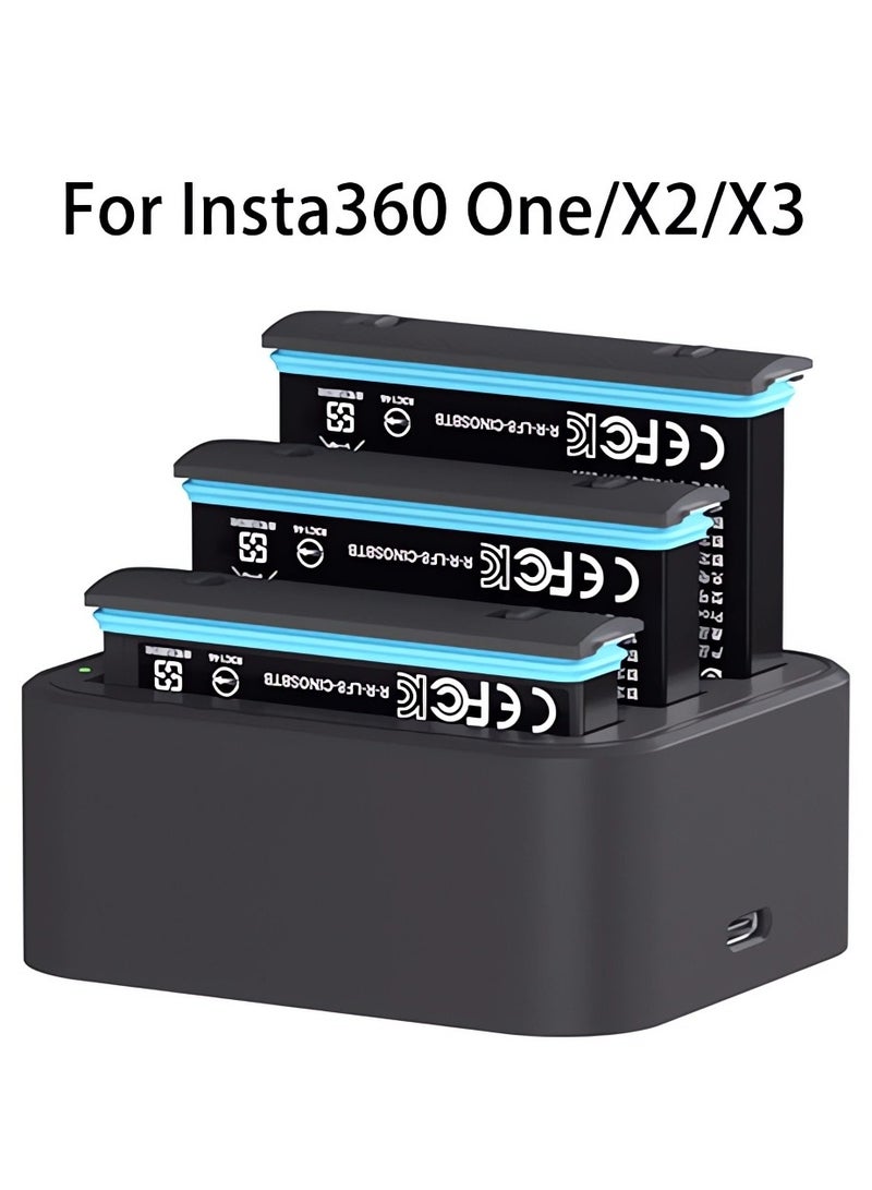 3-Channel Fast Battery Charger Hub for Insta360 One/X2/X3 Cameras, Includes USB Type-C Charging Cable and Accessories for Efficient Power Management.
