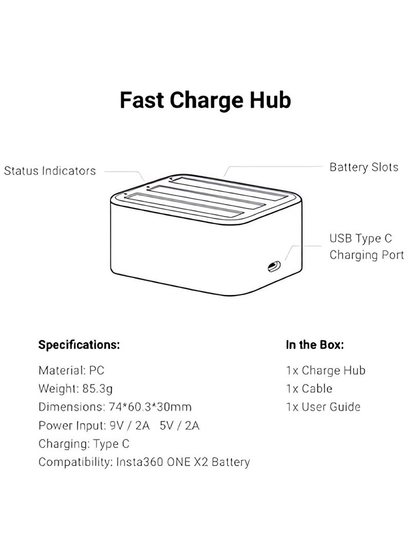 3-Channel Fast Battery Charger Hub for Insta360 One/X2/X3 Cameras, Includes USB Type-C Charging Cable and Accessories for Efficient Power Management.