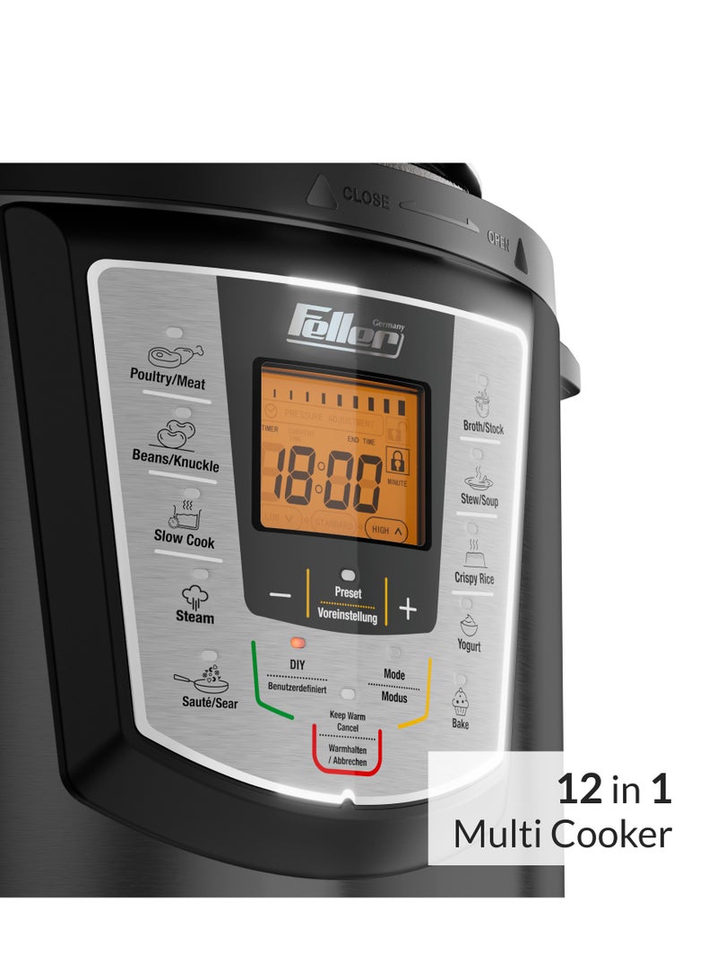 Feller Germany 1000W 6L Electric Pressure Cooker, 12-in-1 Multicooker, Dupont 2X Non-Stick Detachable Pot, 9 Safety Levels, Delay Timer, Steamer, PC165, (Platinum)