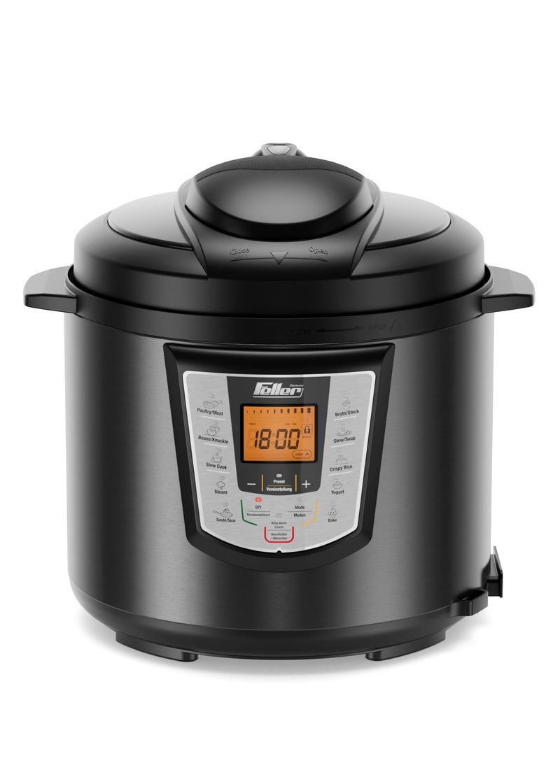 Feller Germany 1000W 6L Electric Pressure Cooker, 12-in-1 Multicooker, Dupont 2X Non-Stick Detachable Pot, 9 Safety Levels, Delay Timer, Steamer, PC165, (Platinum)
