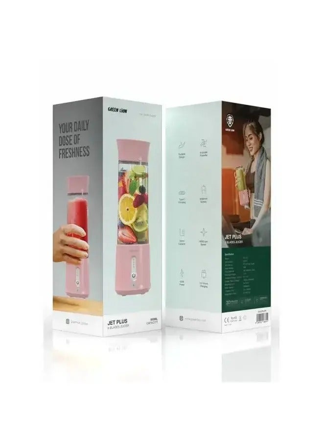 Green Lion JET PLUS 6 Bladed Juicer 120W, 18000rpm, High Speed, 500ml Jar Capacity, 304 Stainless Steel Blade, 2000mAh Battery, 20 Times Blending Cycle, 30 seconds Single Blend Time - Pink