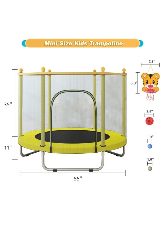 Indoor outdoor 140cm trampoline for kids, toddler trampoline with safety enclosure net, mini baby trampoline with basketball hoop, trampoline jumping mat birthday gifts for children boy girl